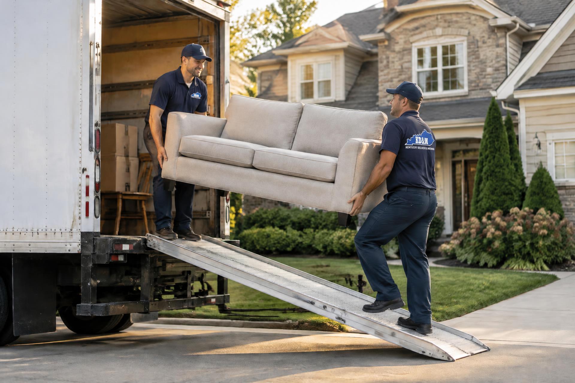 KD&M movers loading a sofa into a residential moving truck in Louisville, Kentucky