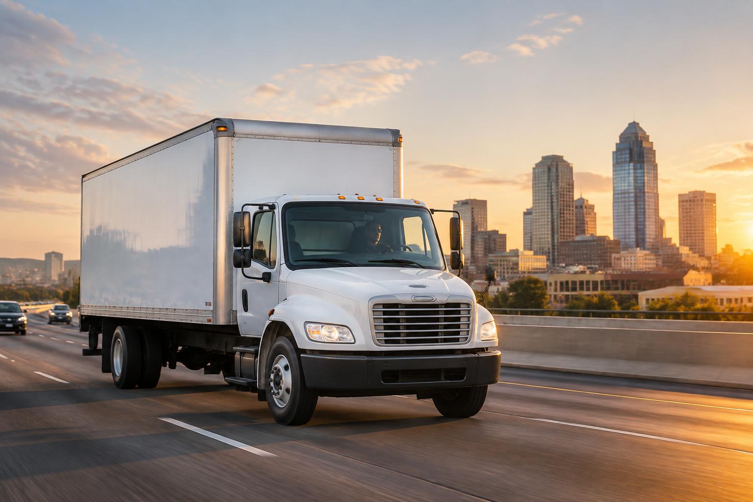 Moving truck on the highway near the Louisville skyline